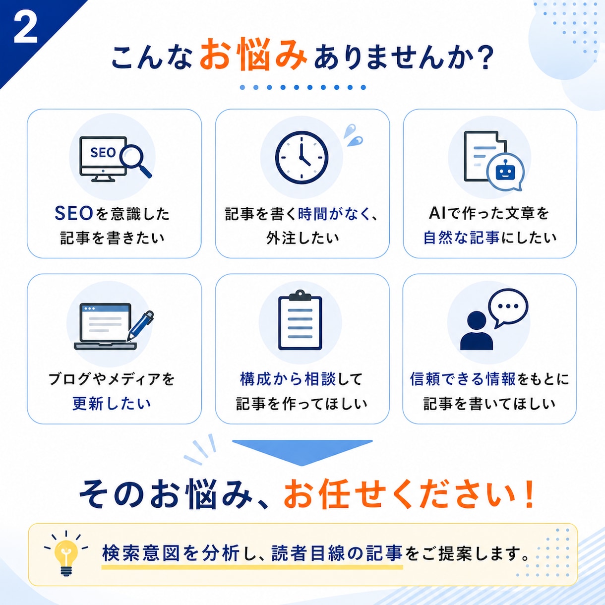 検索意図を分析しSEOに強い記事を執筆します 一次情報をもとに、信頼性の高い記事を丁寧に執筆します。 イメージ2