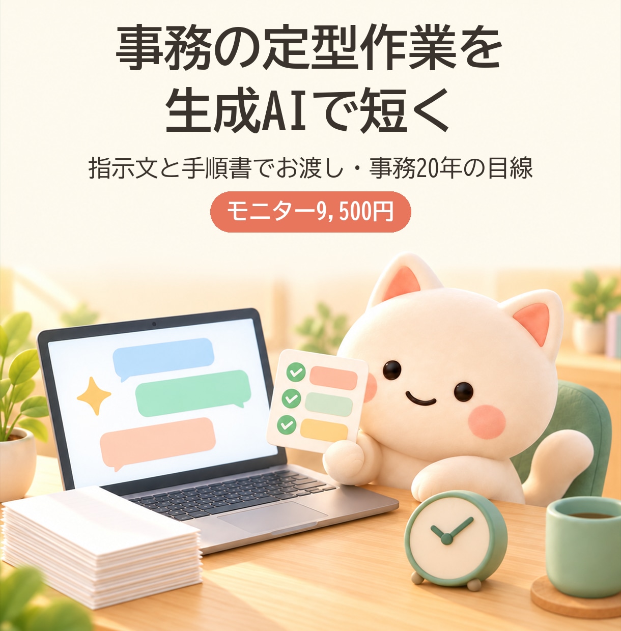事務の定型作業を、生成AIで短くする手順を作ります モニター2名9,500円｜指示文と手順書で、明日から使える イメージ1