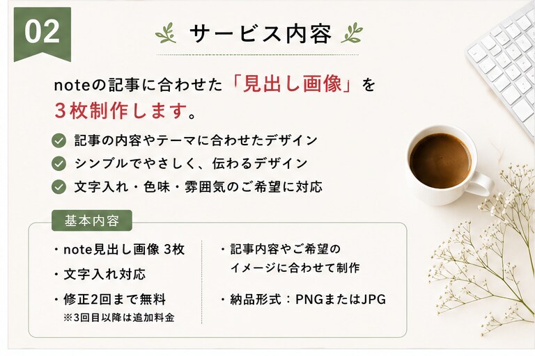 noteの見出し画像を3枚制作します 初心者の方にも伝わる、やさしく見やすい画像を作ります イメージ2