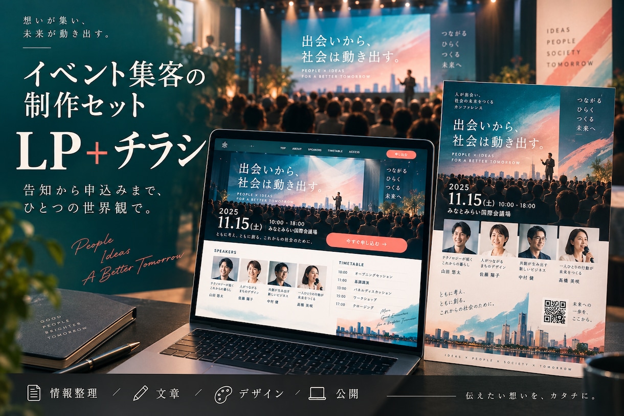 イベントのLPとチラシをまとめて制作します 告知から申込みまで統一したデザインで制作 イメージ1