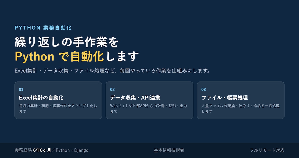 ExcelやWeb作業をPythonで自動化します 実務6年半のエンジニアが要件整理から実装・手順書作成まで対応 イメージ1