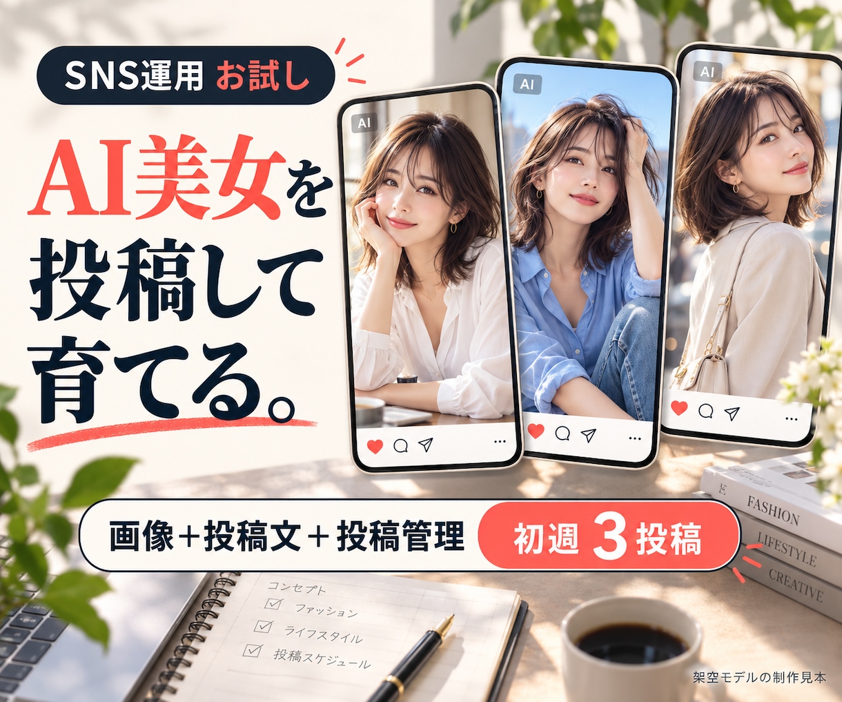 AI美女の画像制作からSNS運用まで支援します 架空モデル写真３点とXの初週３投稿をまとめて イメージ1