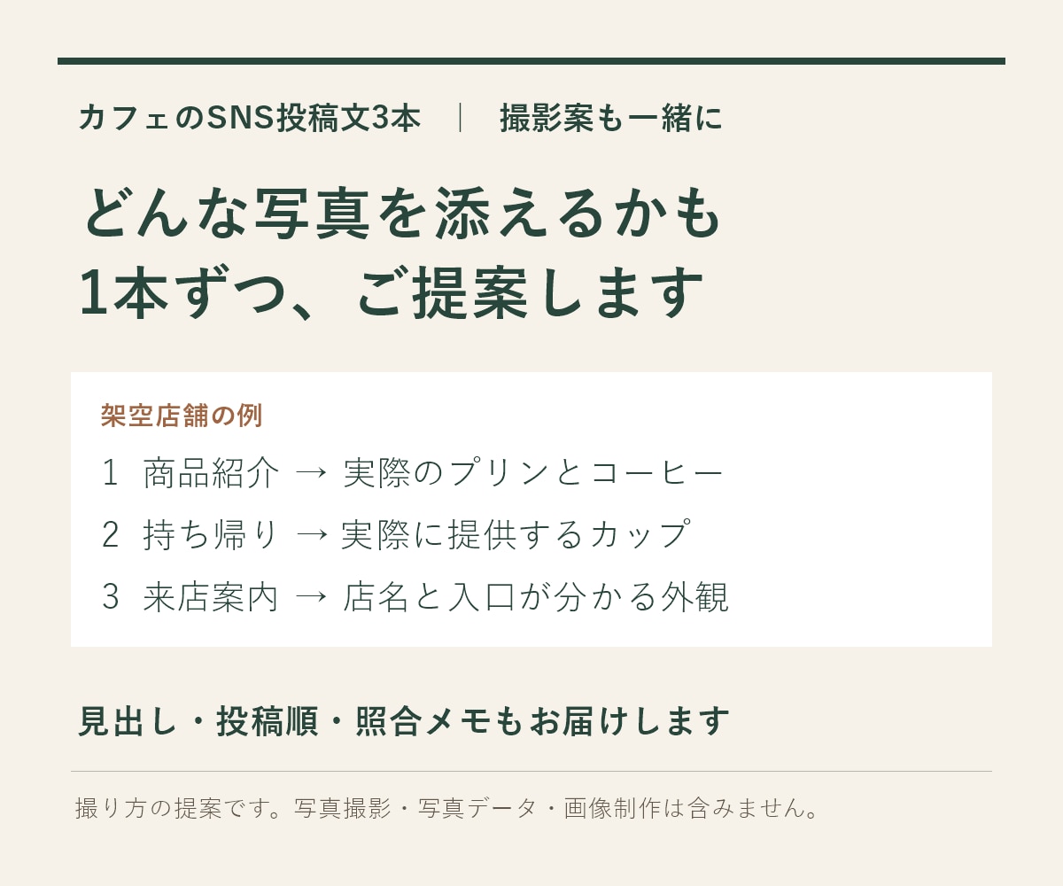 カフェのお店に合わせたSNS投稿文を3本作ります メニュー紹介や営業案内を、やさしく伝わる文章に イメージ3