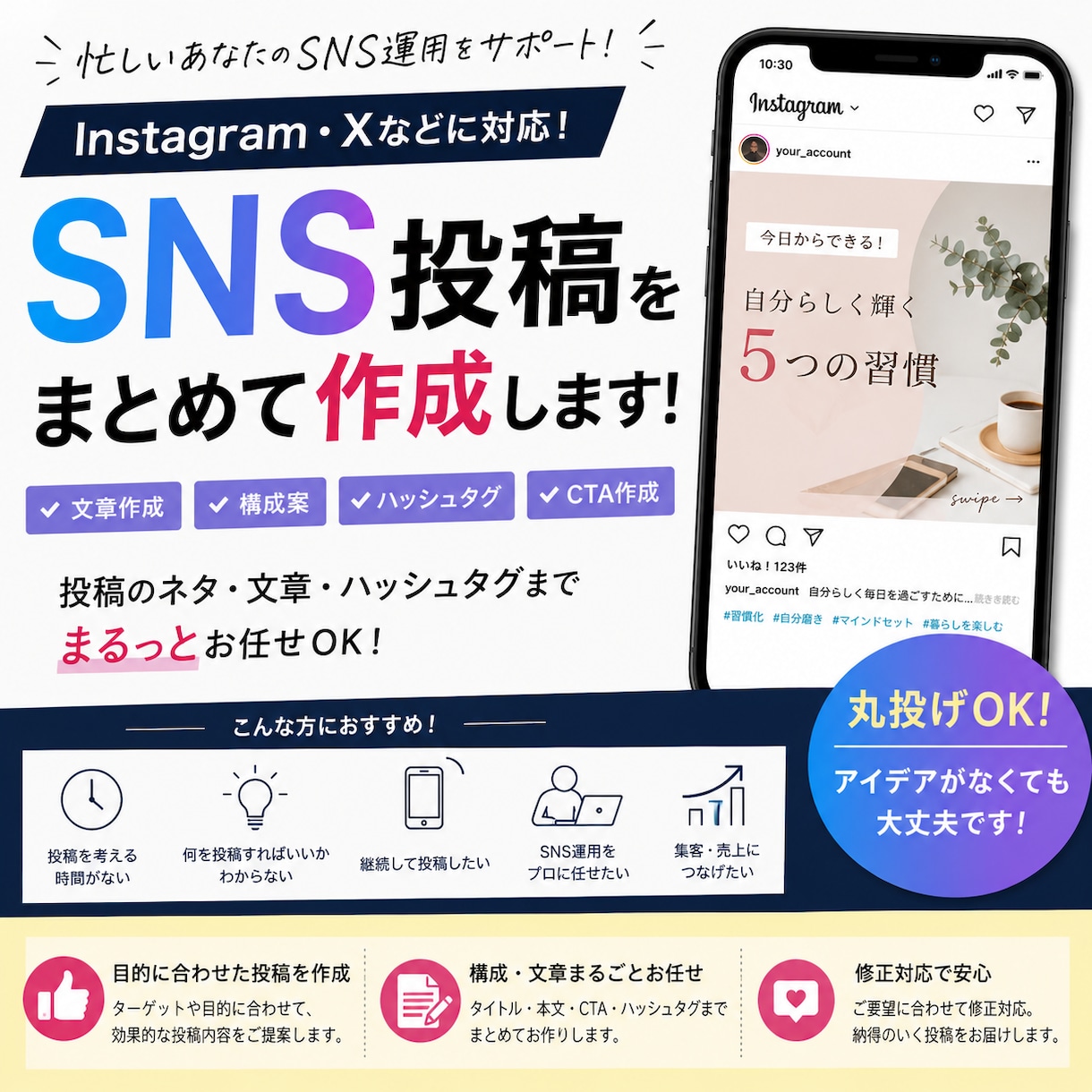 SNS投稿をまとめて作成します Instagram・Xの投稿を作成します イメージ1