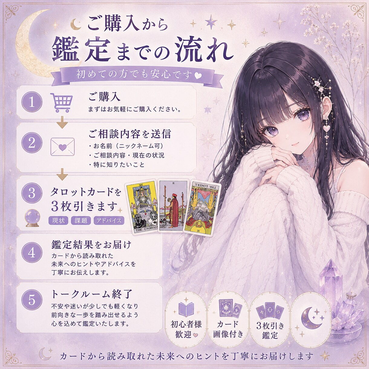 恋愛・仕事・夢をタロットで占います 不安や迷いを整理し、未来へのヒントをお届けします。 イメージ4