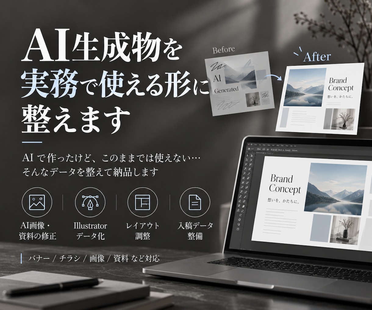 AIで作った画像・資料を実務で使える形に整えます AIのたたき台を、実務で安心して使えるカタチに イメージ1