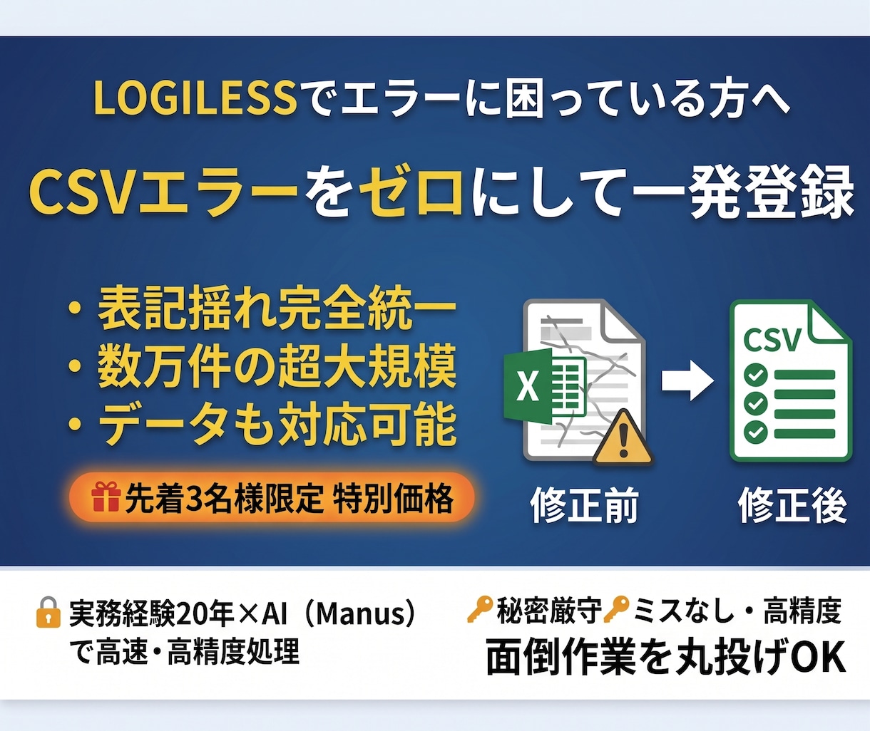 LOGILESS CSVエラー修正・整形します 10万件対応｜一発登録OK・表記揺れ統一 イメージ1
