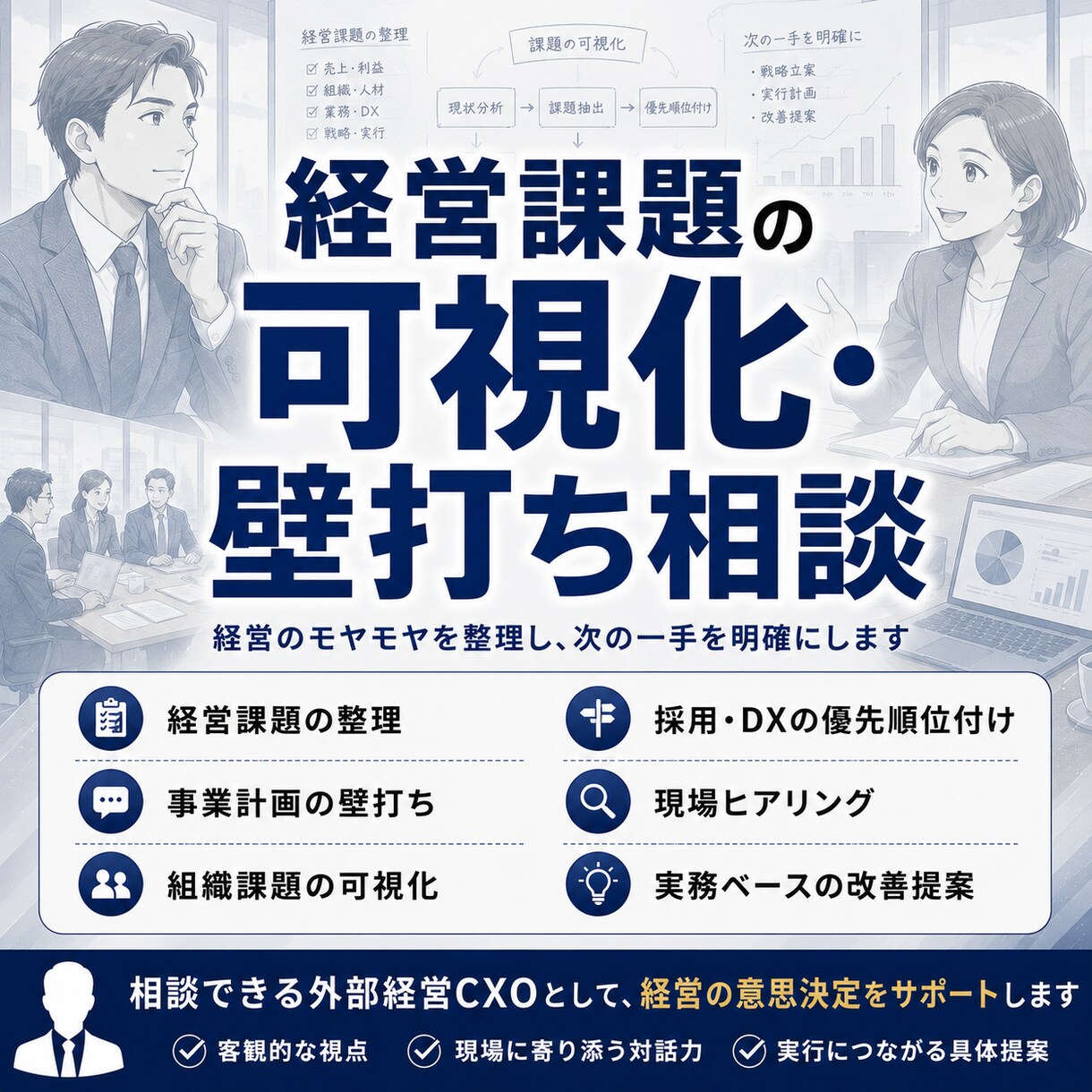 経営課題の壁打ち相談・可視化の支援致します — 経営者の悩みを整理し実務的に解決する支援を致します — イメージ1