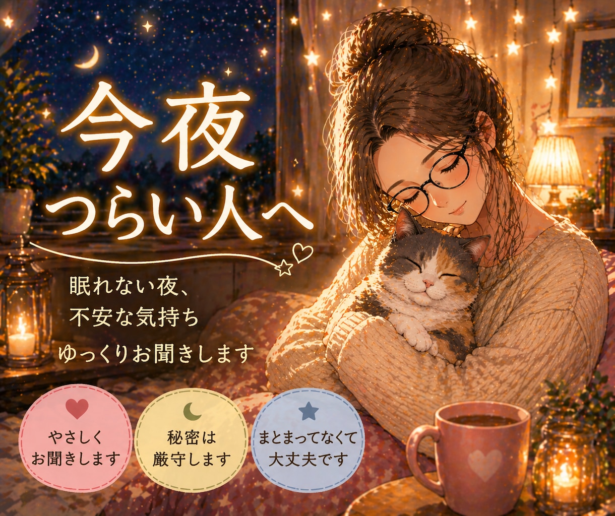 眠れない夜、不安な気持ちやさしく聞きます 誰かと少し話すだけで、楽になる夜もあります イメージ2