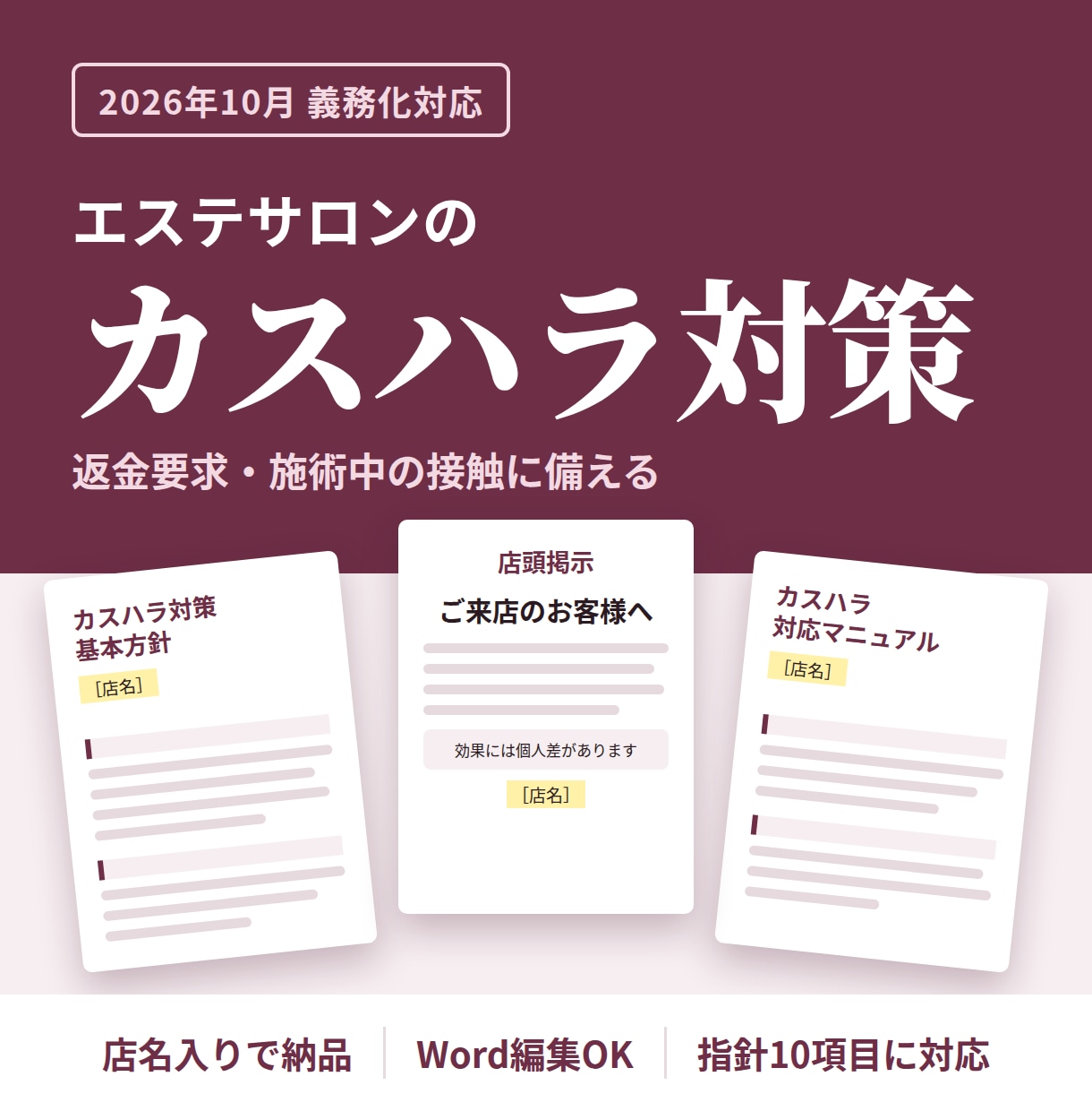 エステサロン向けカスハラ対策の書類を一式作ります 返金要求・施術中の接触に備える｜10月義務化対応（24字） イメージ1