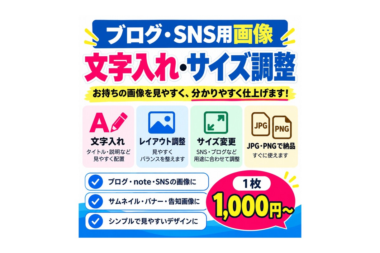画像の文字入れ・サイズ調整をします お手持ちの画像1枚をSNS・ブログ用に見やすく整えます イメージ1