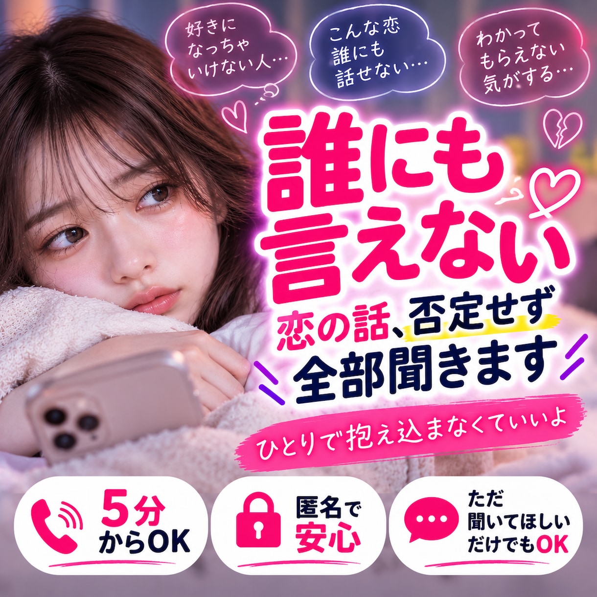 誰にも言えない恋の話、否定せず全部聞きます 身近な人には話せない恋も、やさしくお聞きします イメージ1