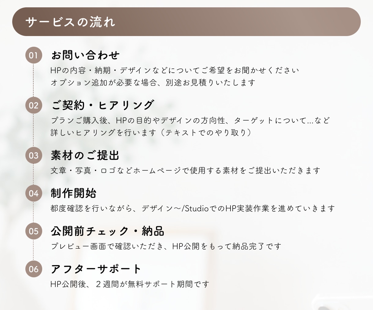 女性向けの優しいデザインのHPを制作します 初めてホームページを持つ方にも安心♩寄り添ったサポートが特徴 イメージ8