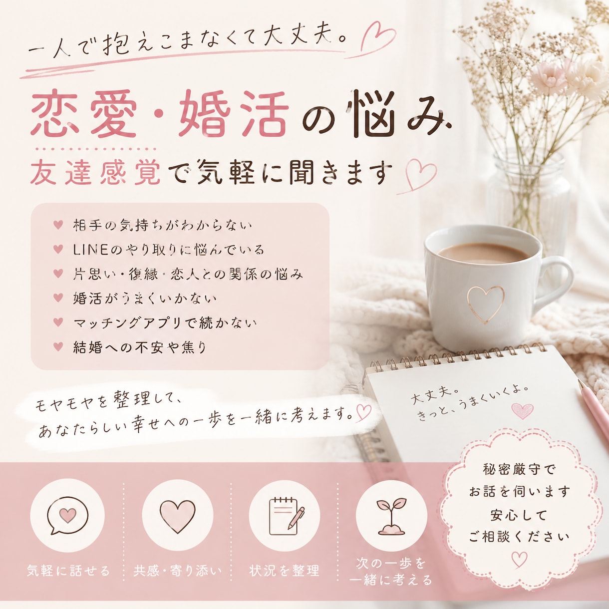 3日間恋愛・婚活・マッチングアプリの悩み聞きます 恋愛・婚活の悩み、友だちみたいに聞きます◎ イメージ1
