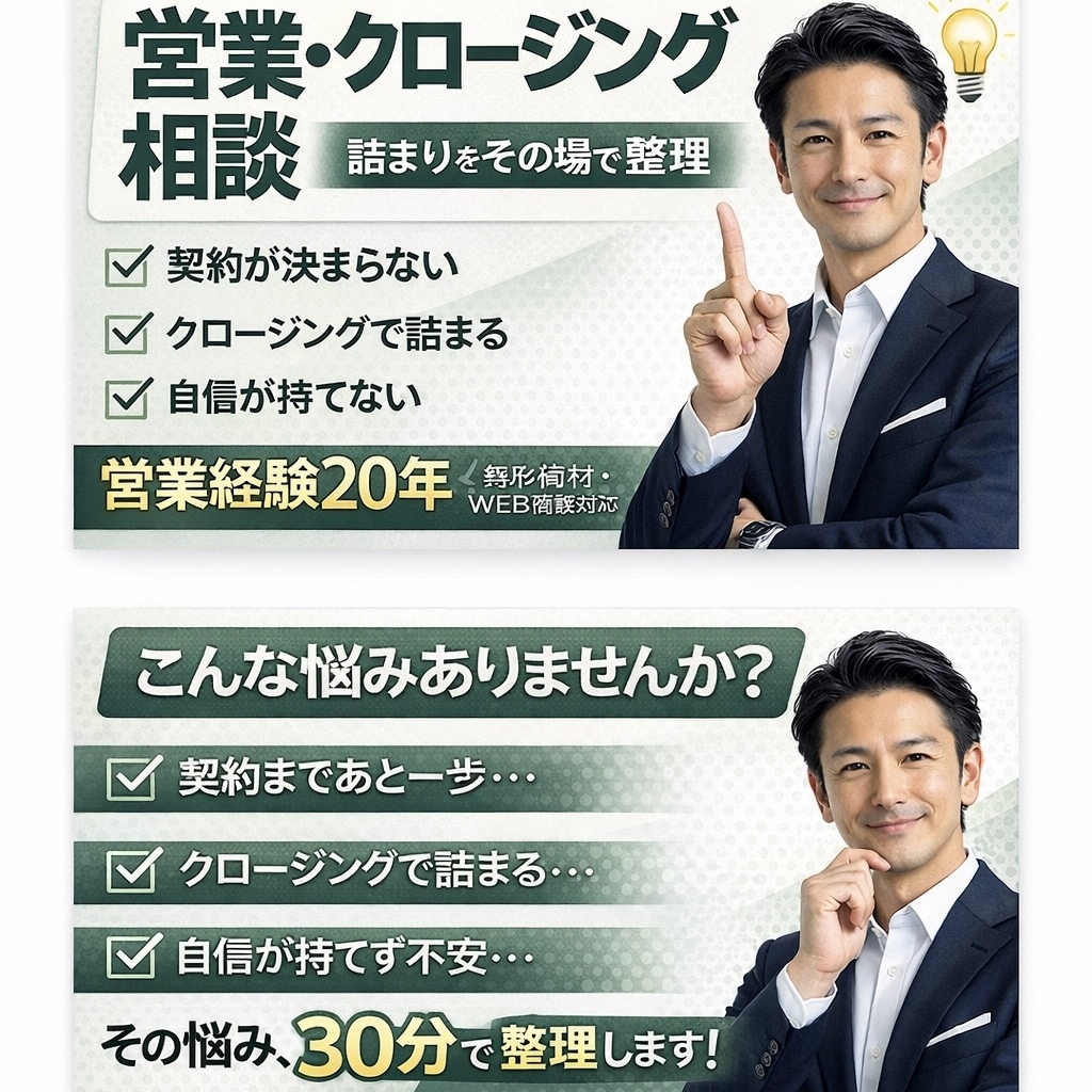 営業・クロージングの詰まり整理します 売れない理由を言語化します。話せるのに決まらない人へ。 イメージ1