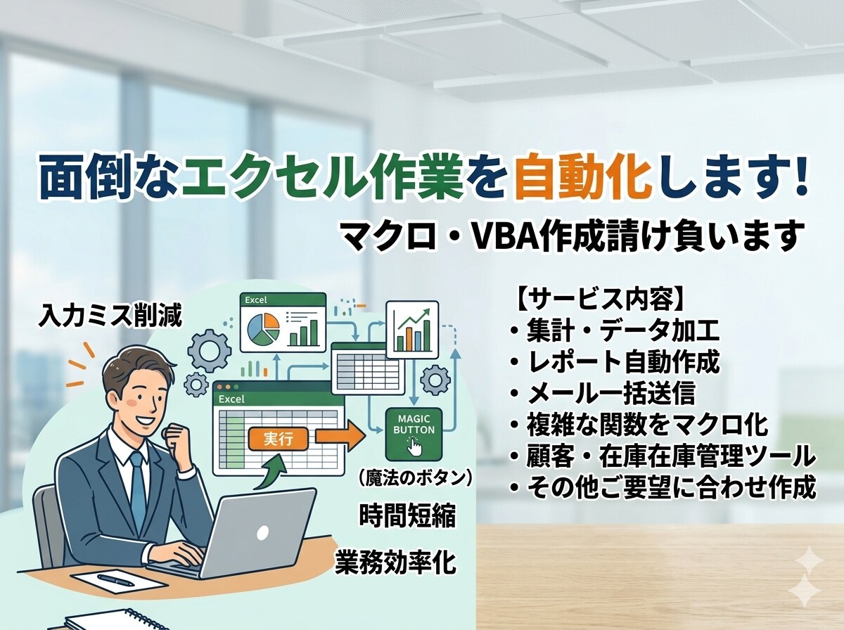 限定価格(残4名)エクセルVBA(マクロ)作ります 【個人向け歓迎】面倒なExcel作業を自動化します！ イメージ1