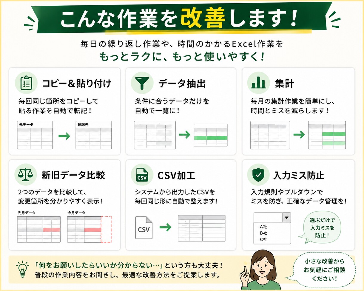 今使っているExcelを使いやすく改善します 毎日の面倒なExcel作業を、もっと簡単・使いやすく イメージ2