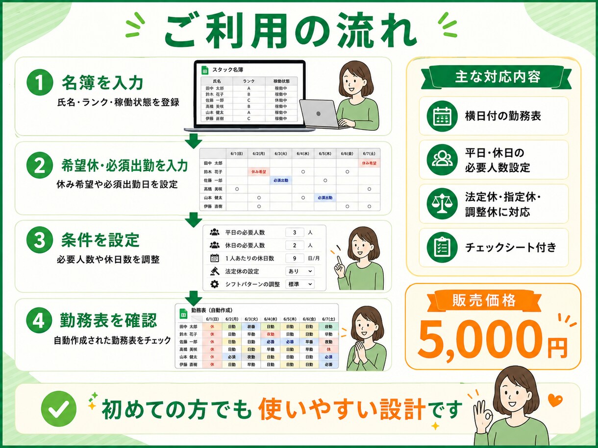 シフト表作成を自動化できます 希望休も条件も反映して自動作成 イメージ2