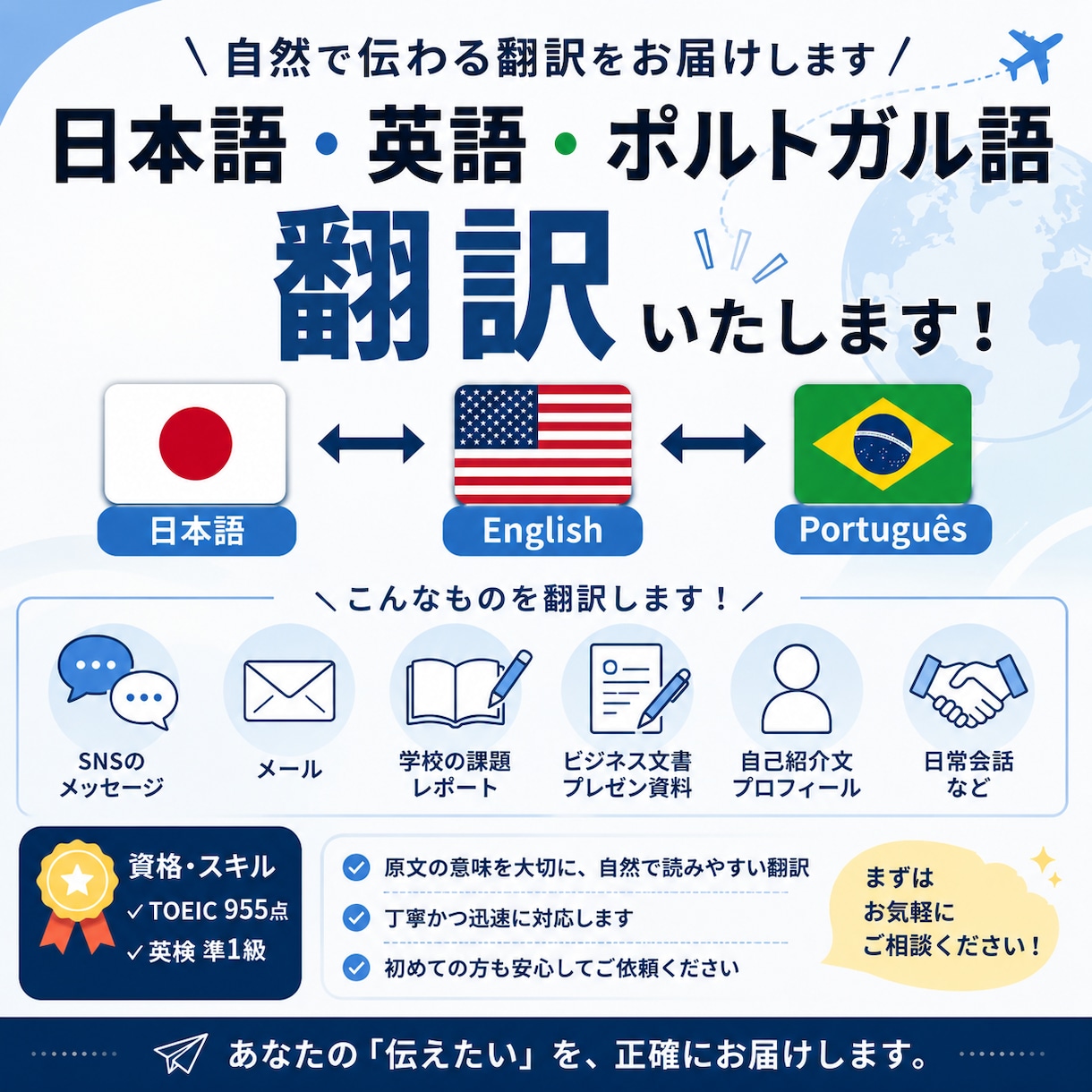 日本語・英語・ポルトガル語を迅速に翻訳します 自然で読みやすい翻訳を提供します イメージ1