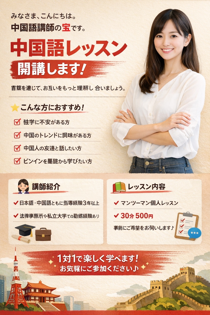 初心者向けのオンライン中国語レッスンをします 中国への旅行計画・中国の文化学習などなんでも教えます。 イメージ1