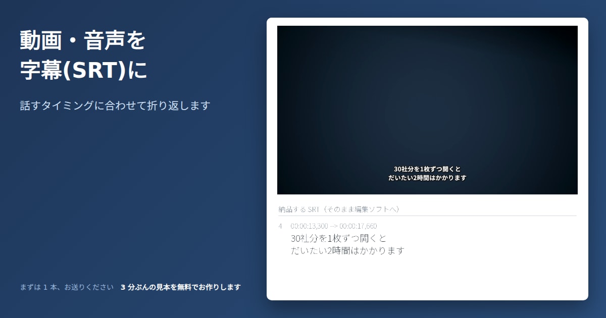 動画・音声から日本語字幕(SRT)を作成します 話すタイミングに合わせ、迷う行は印つきで イメージ2