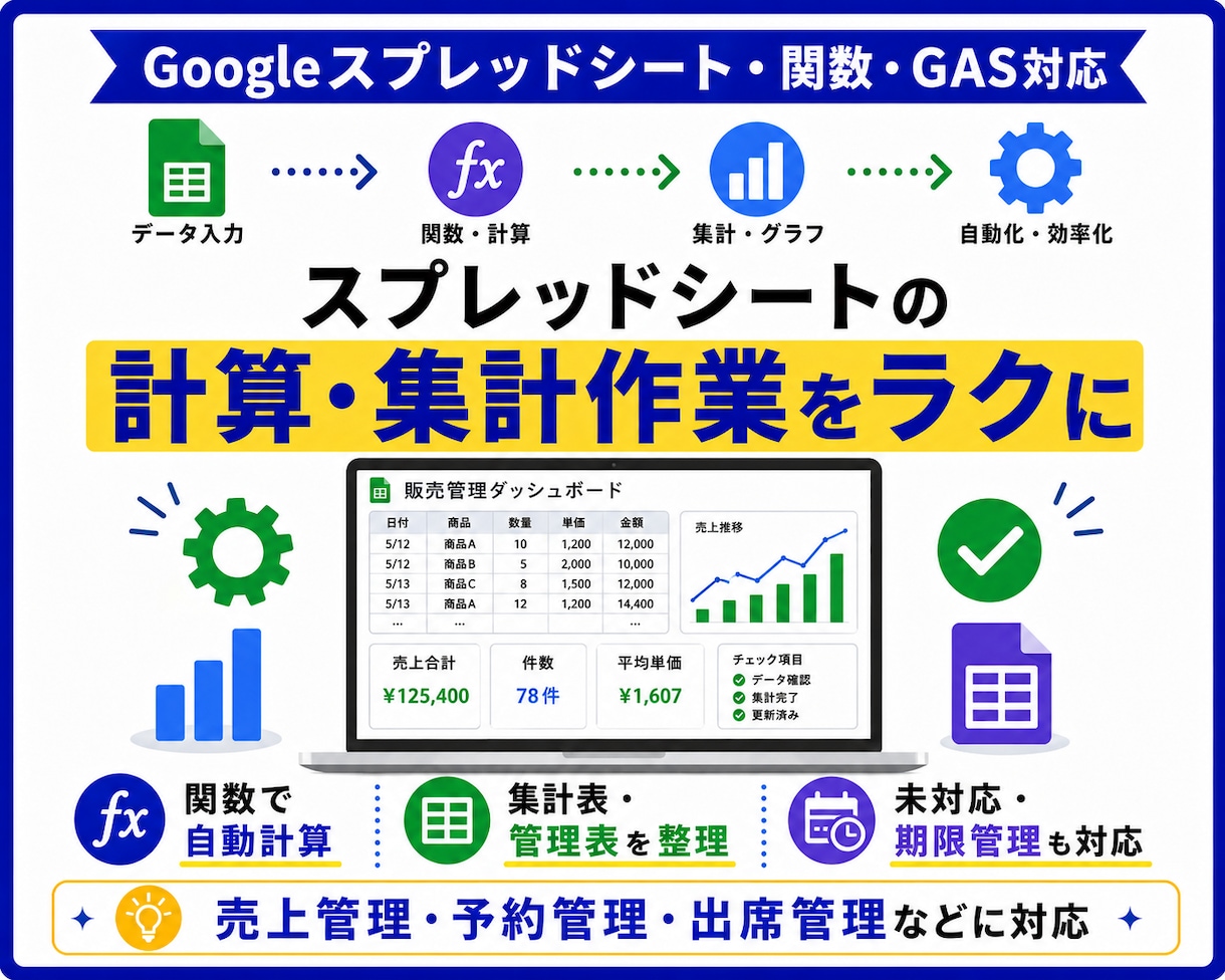 Googleシートの計算・集計・管理を自動化します 面倒なスプレッドシート作業を関数・GASでラクに！ イメージ1