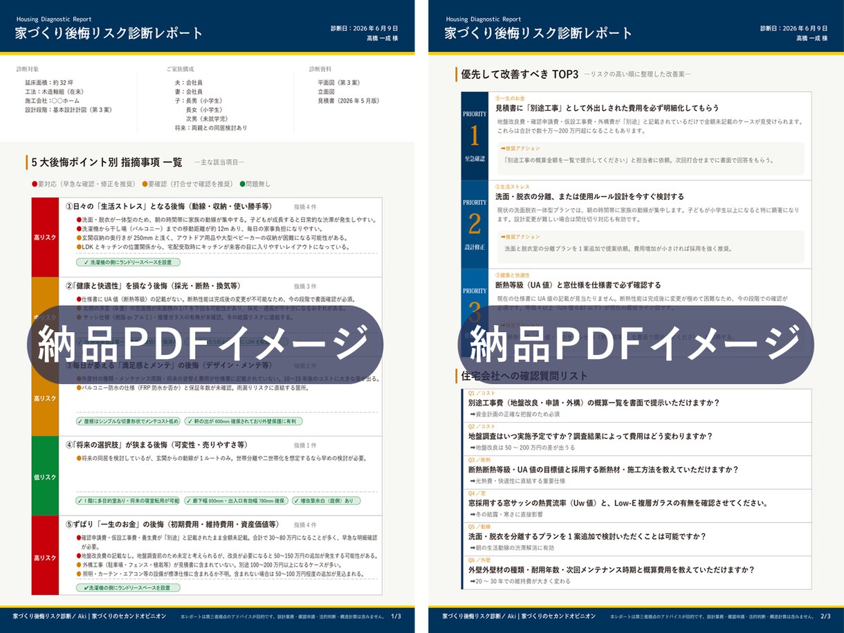 家づくりの後悔リスクを診断します ５つの後悔ポイントからPDF診断レポートを作成します イメージ3