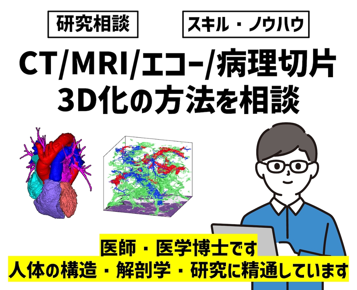 研究者向け｜医療画像の3D化に関する相談を承ります CT/MRI/エコー/病理切片3D化の悩みに！最適な手法提案 イメージ1