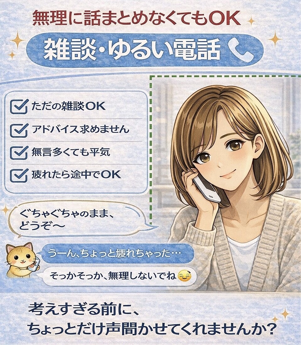 ちょっと話したい、吐き出したい、何でも聴きます 5分でも、切りたくなったら切っても、無理に話さなくても大丈夫 イメージ1