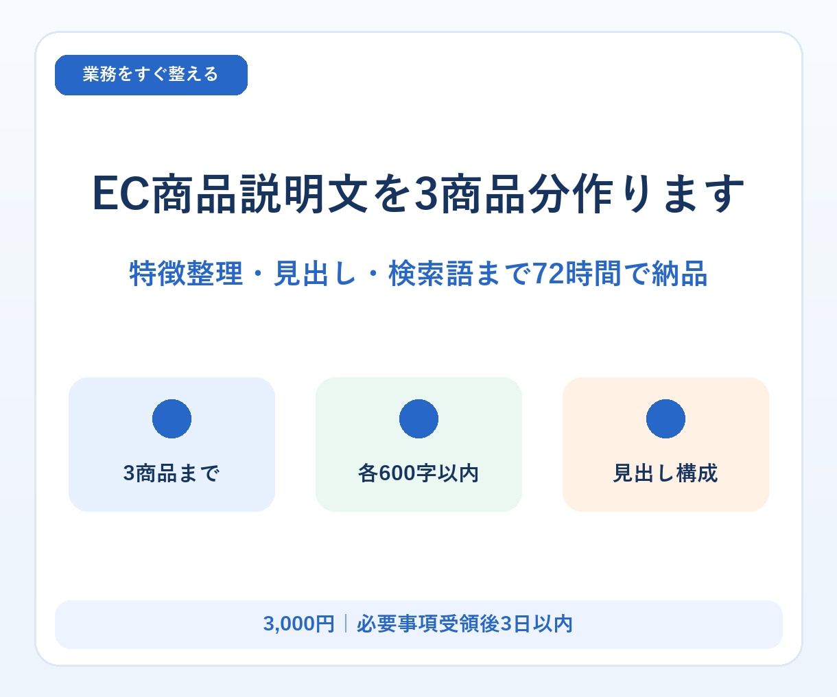 EC商品説明文を3商品分作ります 特徴整理・見出し・検索語まで72時間で納品 イメージ1