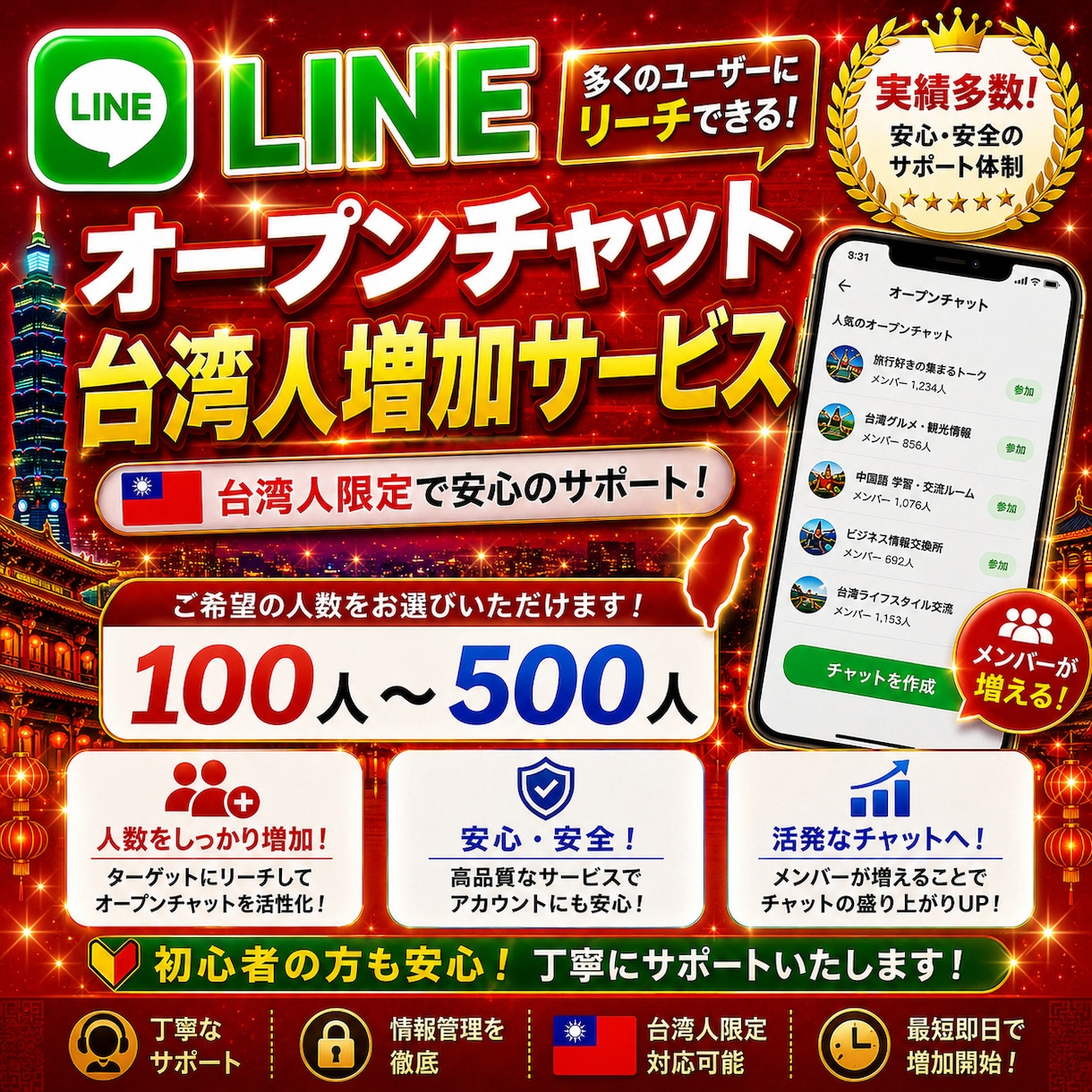 LINEオープンチャット台湾人100人増やします 海外ユーザーだからこその安価提供！納品も早いです。 イメージ1
