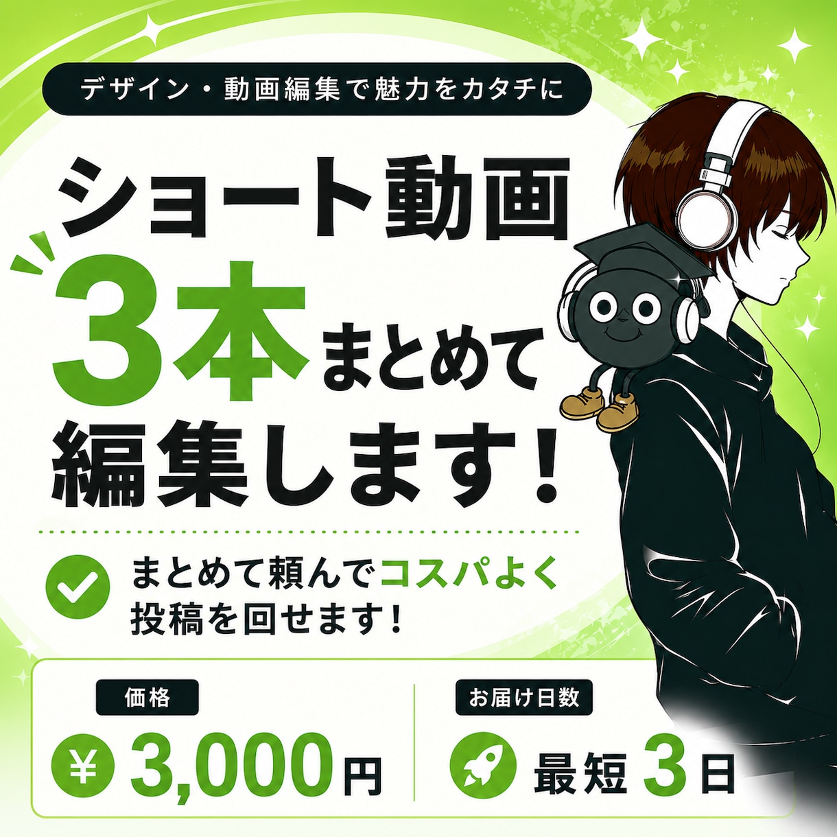 ショート動画3本まとめて編集します まとめて頼んでコスパよく！スピーディーに投稿を回せます！ イメージ1