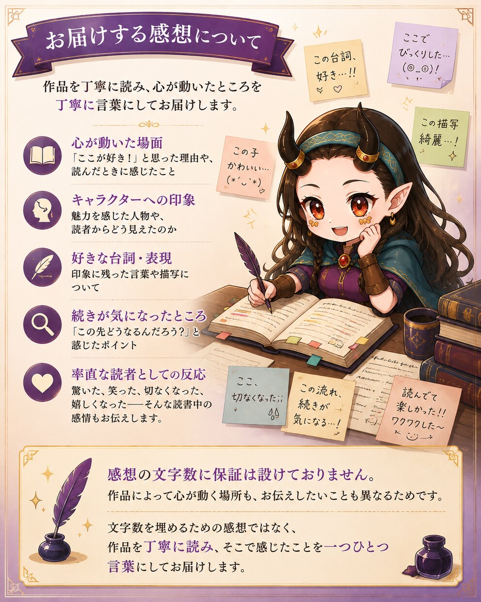 2万字まで！心が動いた場面やキャラの魅力を伝えます 一人の読者＋創作者として、あなたの作品を丁寧に読みます。 イメージ3