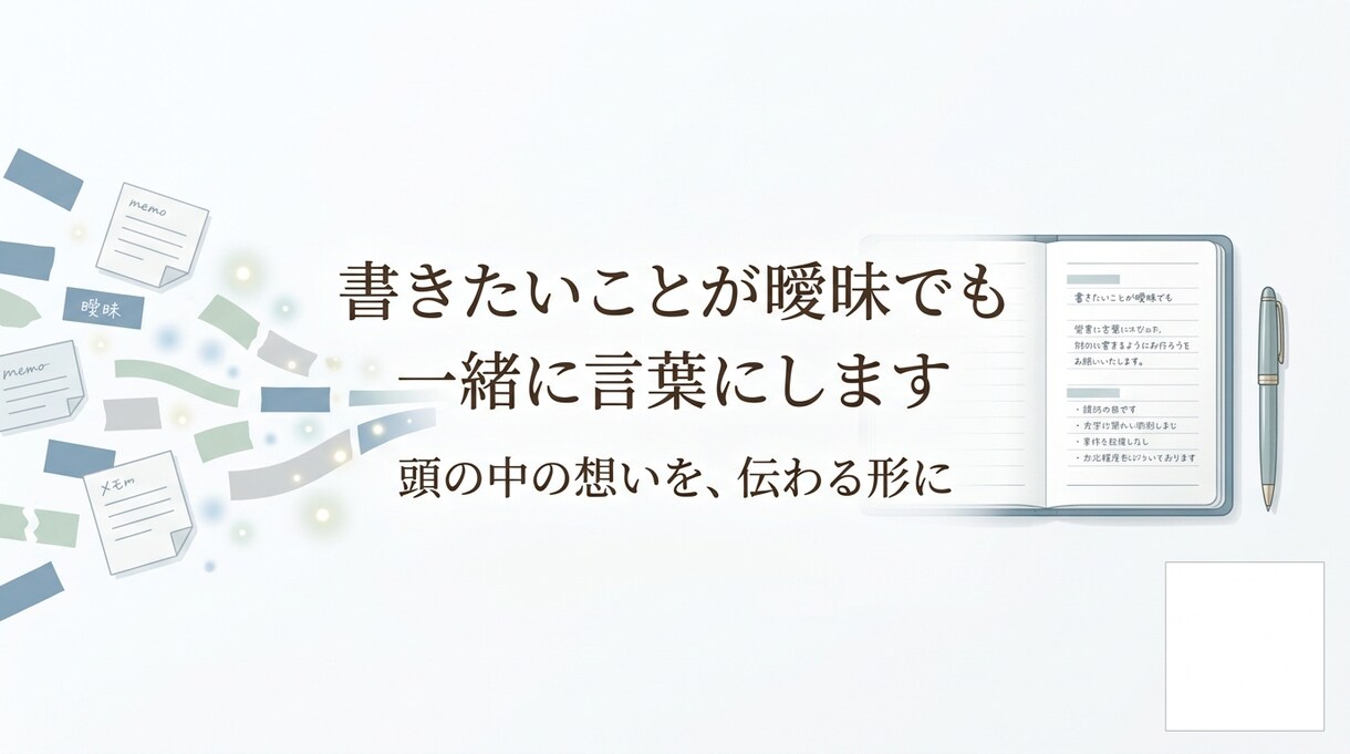 書きたいことが曖昧でも一緒に言葉にします 頭の中の想いを、伝わる形に整えます イメージ1