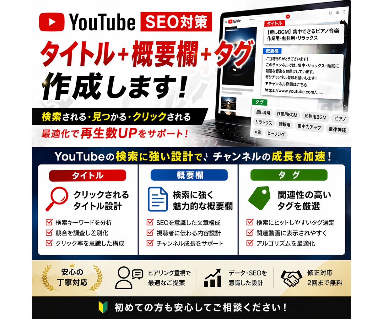 YouTube動画のSEO設計を行います YouTube動画のSEO対策（タイトル＋概要欄＋タグ）作成 イメージ1