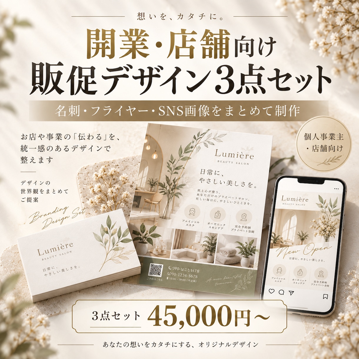 開業・店舗向け販促デザイン3点セットを制作します 名刺を作って終わりではなくお店の“伝わる”をまとめて整えます イメージ1