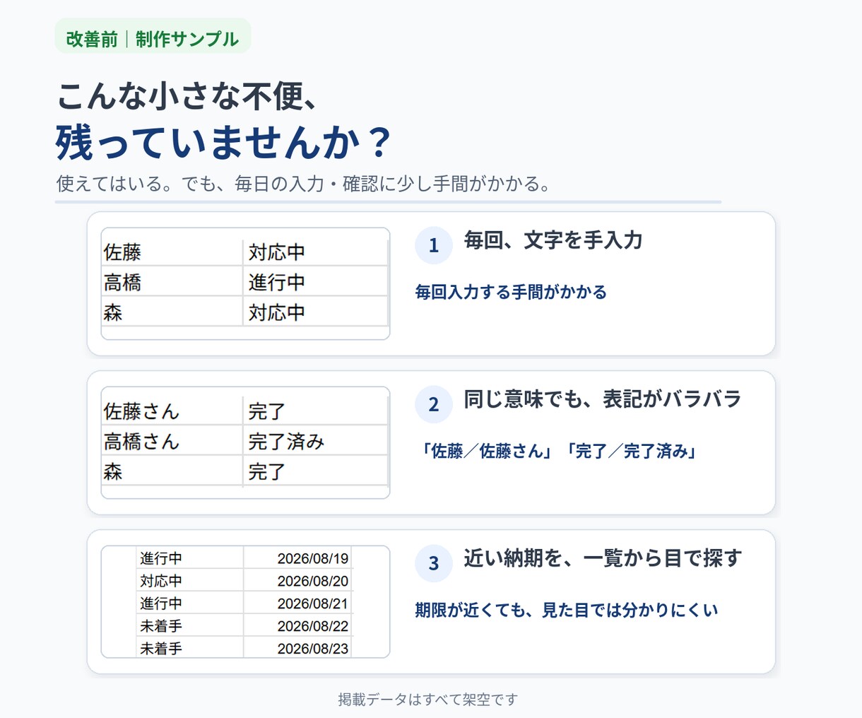 既存のGoogleスプレッドシートを改善します 今のシートを活かして、困りごと1つから改善 イメージ2