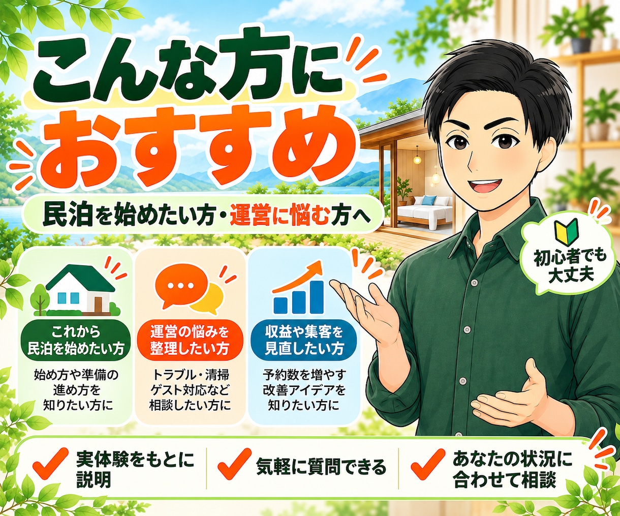 民泊を始めたい方の何でも相談に60分のります 民泊を運営する私が成功・失敗の実体験をもとにお答えします イメージ3