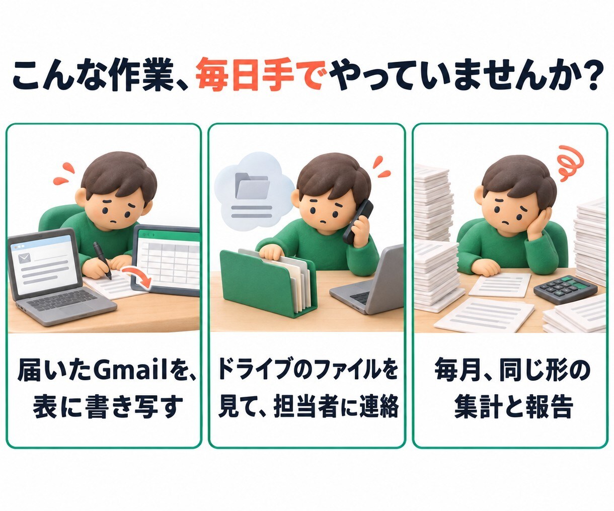 毎日の手作業を、GAS×AIで1つ自動化します 介護の現場で8年の相談員が、手順書つきで納品します イメージ2