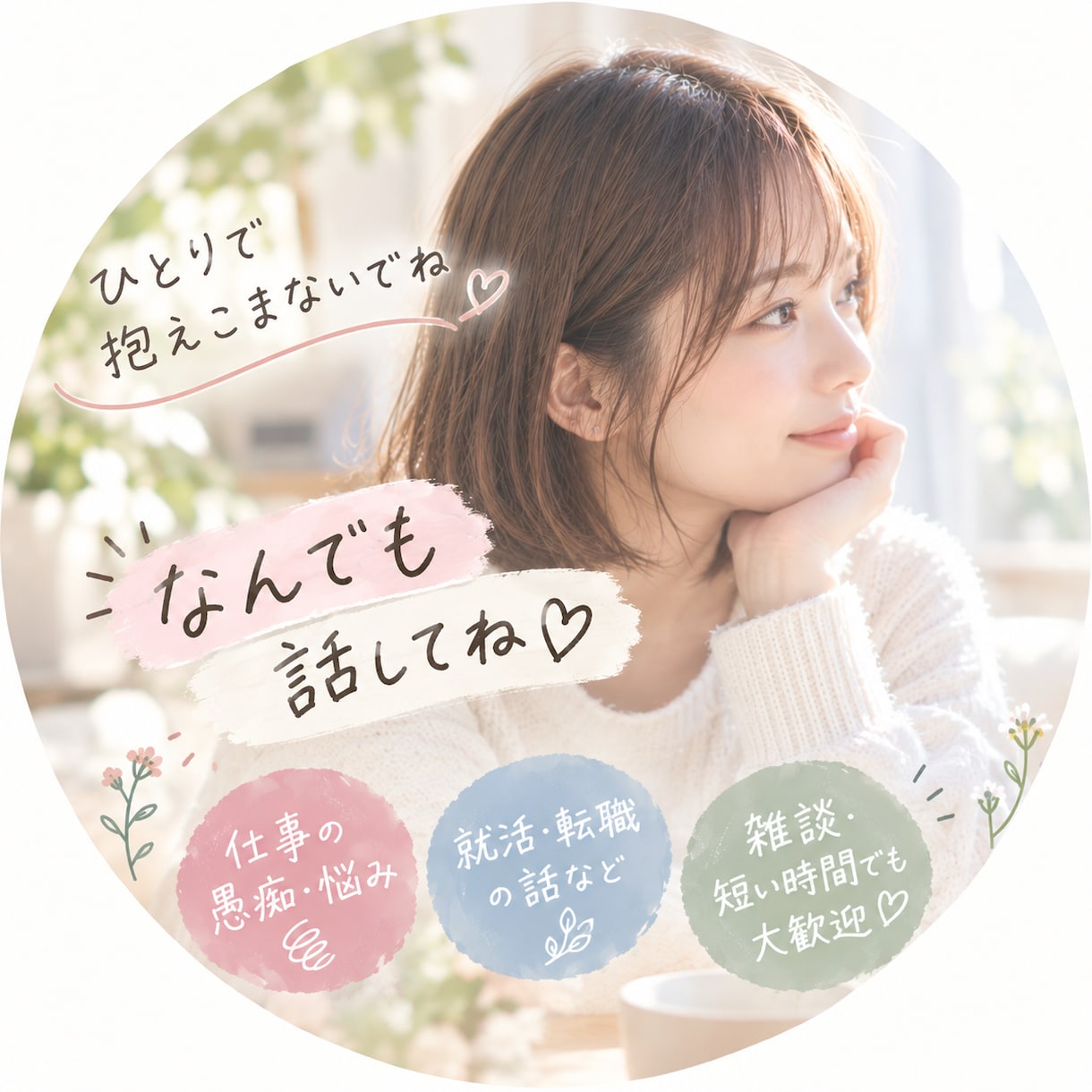 誰かと話したいときに気軽にお待ちしてます ⁠「ちょっと聞いて〜」でOK！少しでも心が軽くなれば♪ イメージ1