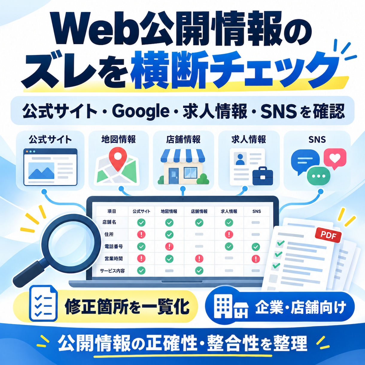 Web公開情報のズレを横断チェックします 公式サイト・Google・求人情報等をまとめて確認 イメージ2