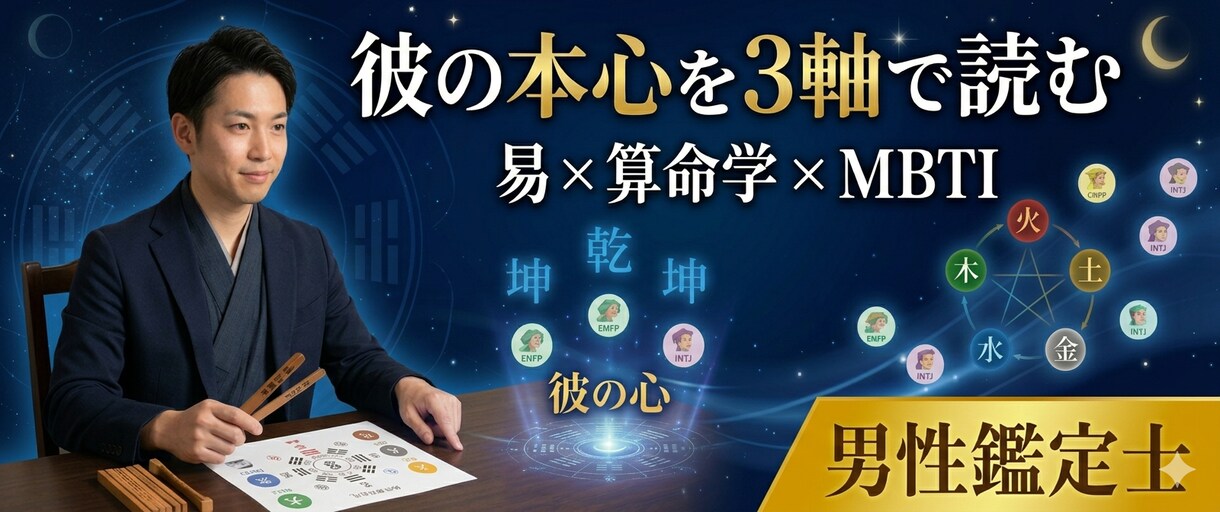 3軸鑑定×男性視点で彼の本心と二人の相性を読みます 独自の易・算命学・MBTIで相性を読み解き、男性視点でお伝え イメージ1