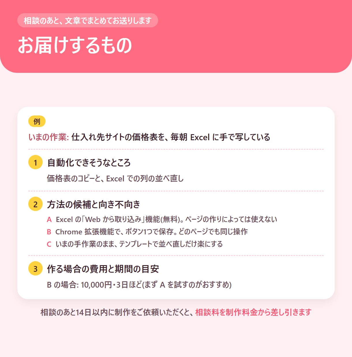 業務の自動化、何ができるか一緒に考えます Excel・ブラウザの手作業を楽にする方法をご提案 イメージ2