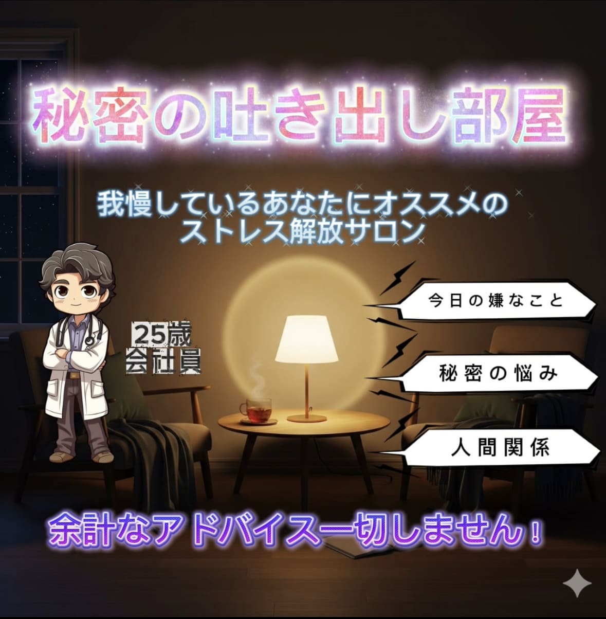 秘密の吐き出し部屋〜あなたのストレス全部無くします 愚痴や悩みを吐き出し、明日向けて気持ちをリセットしませんか？ イメージ1
