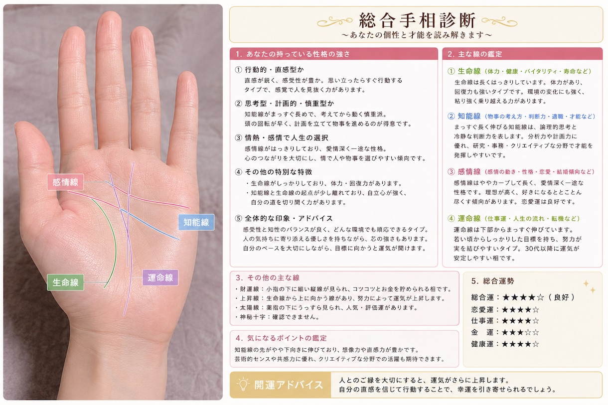 AI手相鑑定、オンライン手相鑑定します AI手相占い、オンライン手相鑑定、総合鑑定、健康、金運など イメージ2