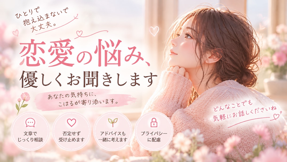 恋愛の悩み、優しくお聞きします 誰にも言えない恋愛の悩みを優しく受け止めます イメージ1