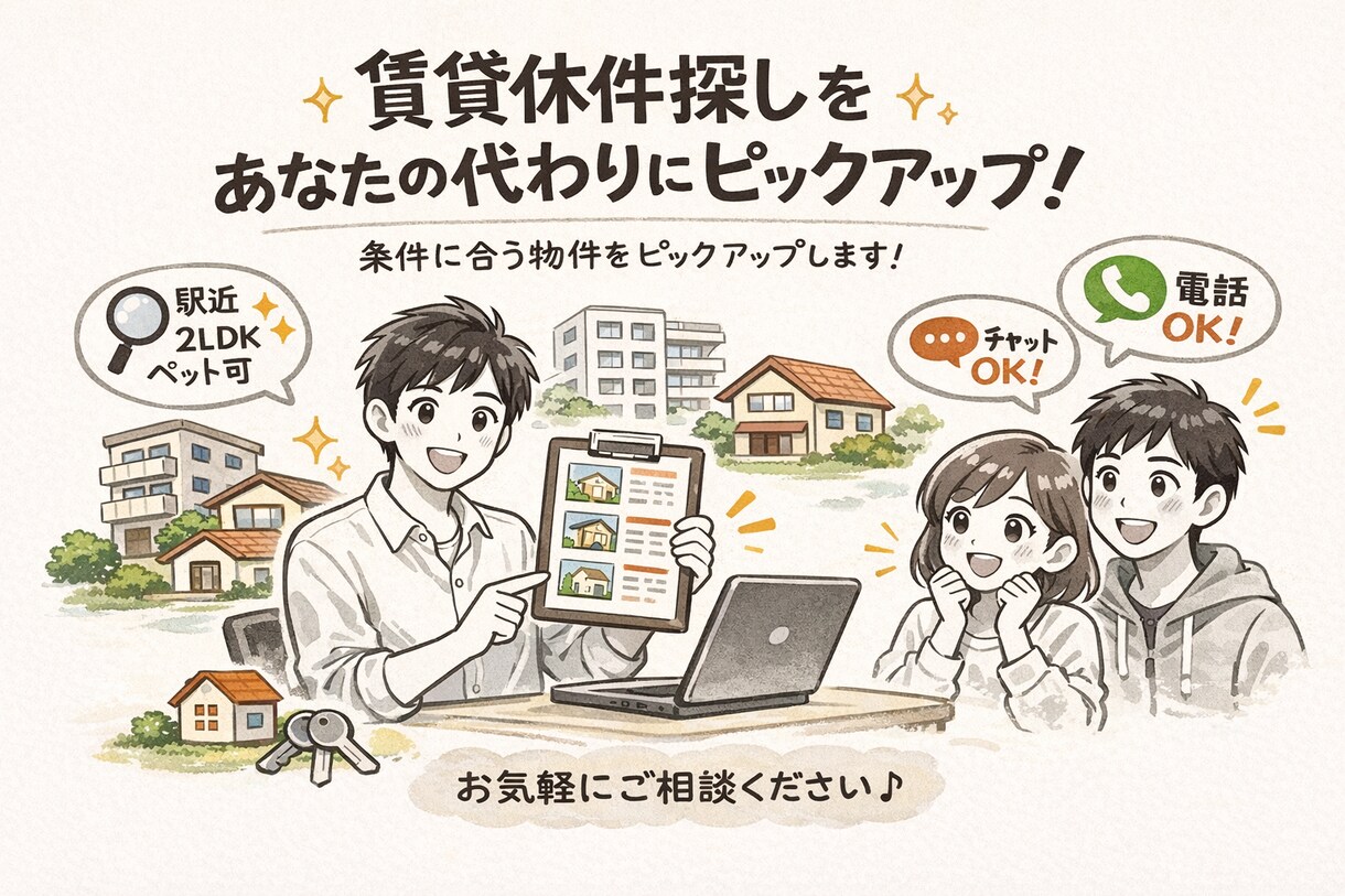 忙しいあなたの代わりに物件ピックアップいたします 条件に合う物件を事前選定。チャット・電話対応可。 イメージ1