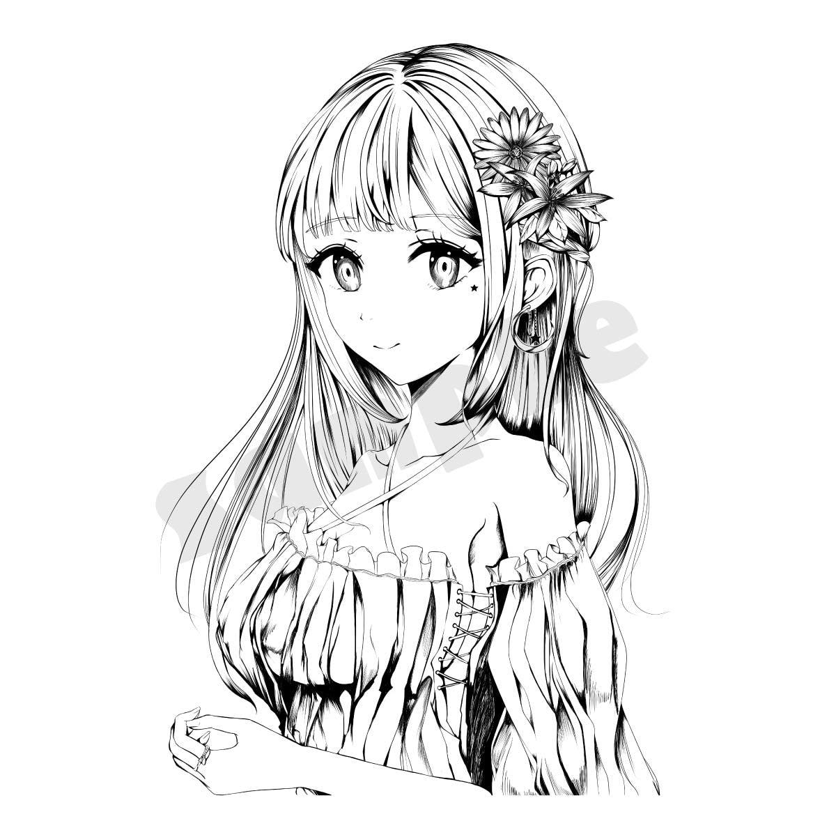 線画の可愛い女の子描きます 漫画風タッチ黒一色のオリキャラ制作 イメージ1