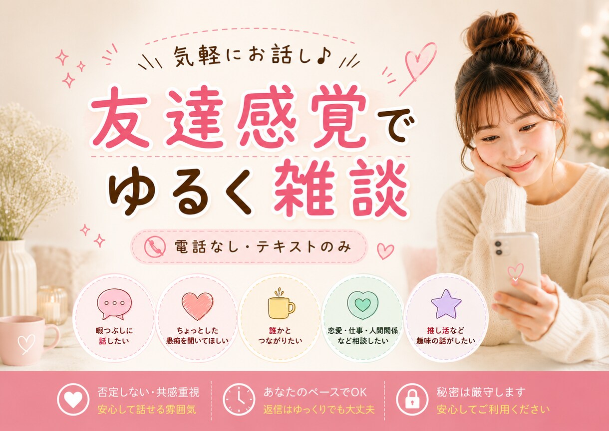 友達感覚でゆるく雑談・愚痴聞きします 暇な時、誰かと話したい時にゆるくお話し相手になります。 イメージ1