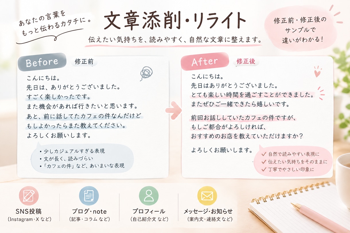 文章を自然に、読みやすく整えます SNS・note・自己紹介文、あなたの言葉を大切に添削します イメージ2